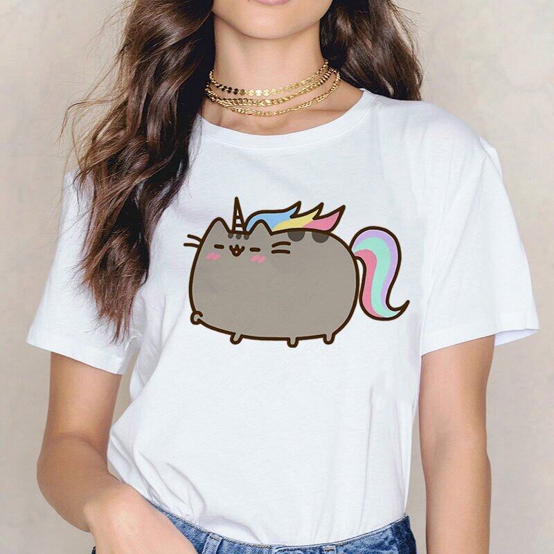 Pusheen T Áo Sơ Mi Phụ Nữ Hàn Quốc Mèo hoạt hình Quần Áo áo cho nữ áo phông Áo Thun ulzzang Kawaii Đồ Họa T-Shirt đơn giản kiểu Harajuku