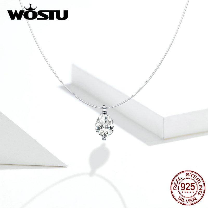 WOSTU Dây Chuyền Bạc Vô Hình, Mặt Dây Chuyền Rhinestone Choker Dây Chuyền, Collier Femme Dây Câu Trong Suốt ZBSCN332 Tháng Mười