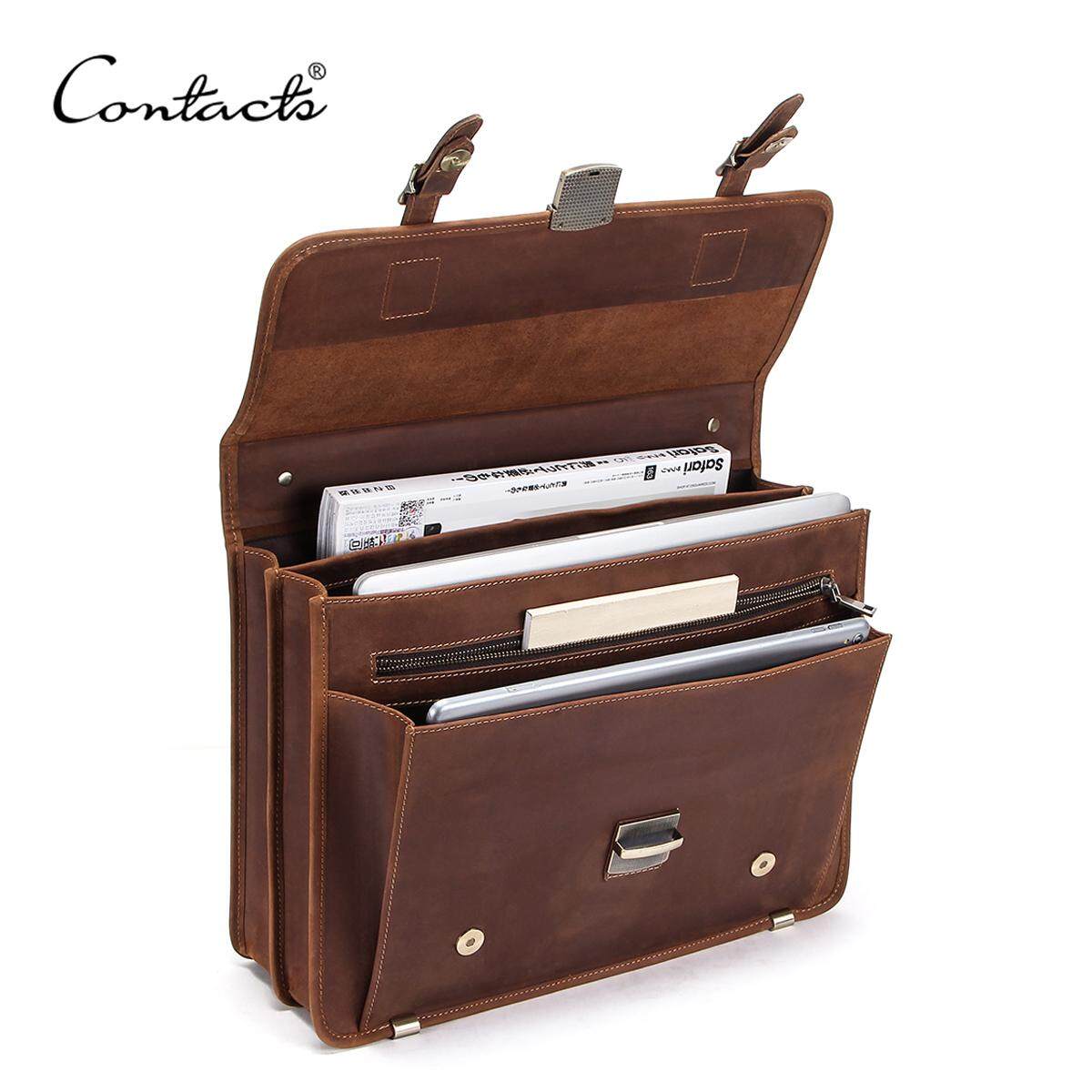 CONTACT S Retro Men s Crazy Horse Leather Bag Men Briefcase Laptop Bag