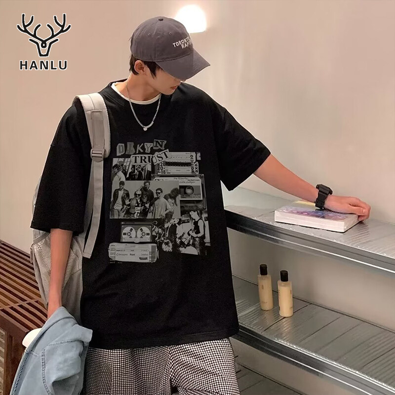 Hanlu áo thun cho nam Mỹ Retro tay ngắn áo phông nam phim hoạt hình tay ngắn lỏng hợp thời trang tay ngắn đường phố chàng trai kích thước lớn