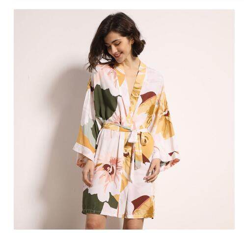 Áo choàng ngủ mới áo choàng ngủ nữ lụa cotton mỏng mùa xuân đồ ngủ dài tay in hoa áo choàng tắm cho nữ