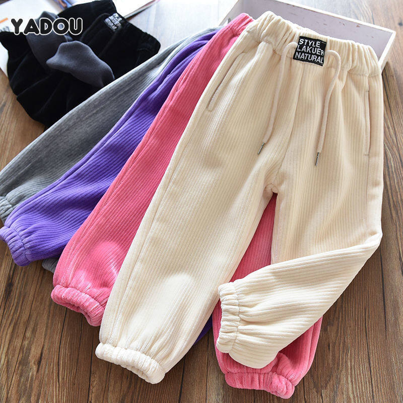 Yadou quần dài cho bé gái quần legging vải nhung kẻ cho trẻ trung và lớn tuổi thường xuyên mặc ngoại cỡ bằng nhung tích hợp lông cừu
