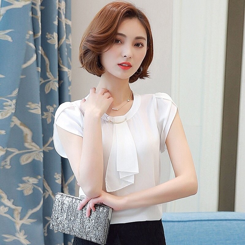 Nữ All Match Tay Áo Ngắn Cổ Tròn Áo Sơ Mi Giản Dị Áo Voan Ngắn Tay