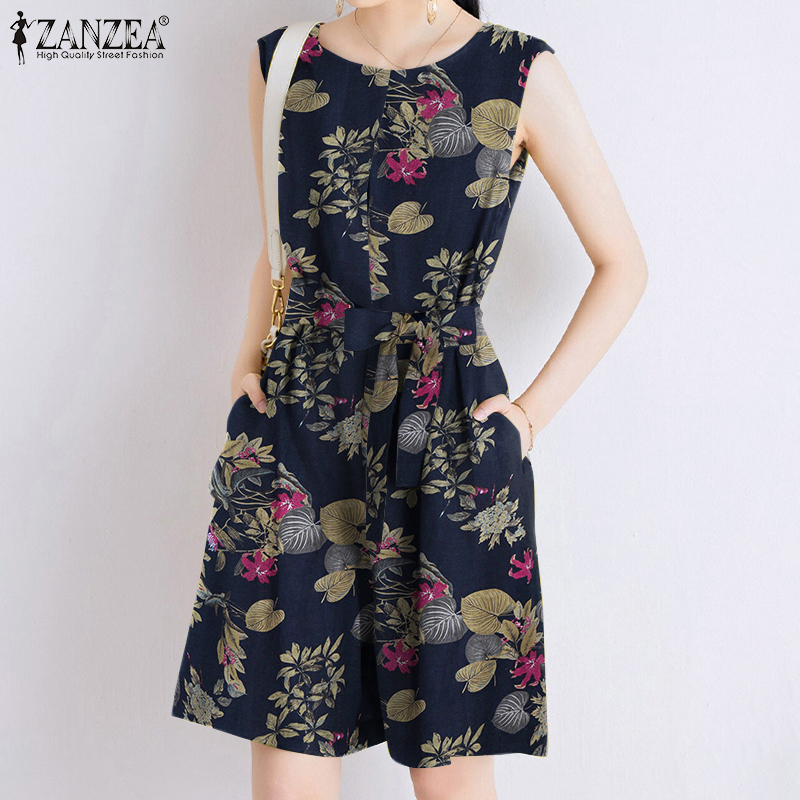 Zanzea áo liền quần đi biển mùa hè in hình dungaree cổ tròn không tay cho nữ quần yếm ngắn
