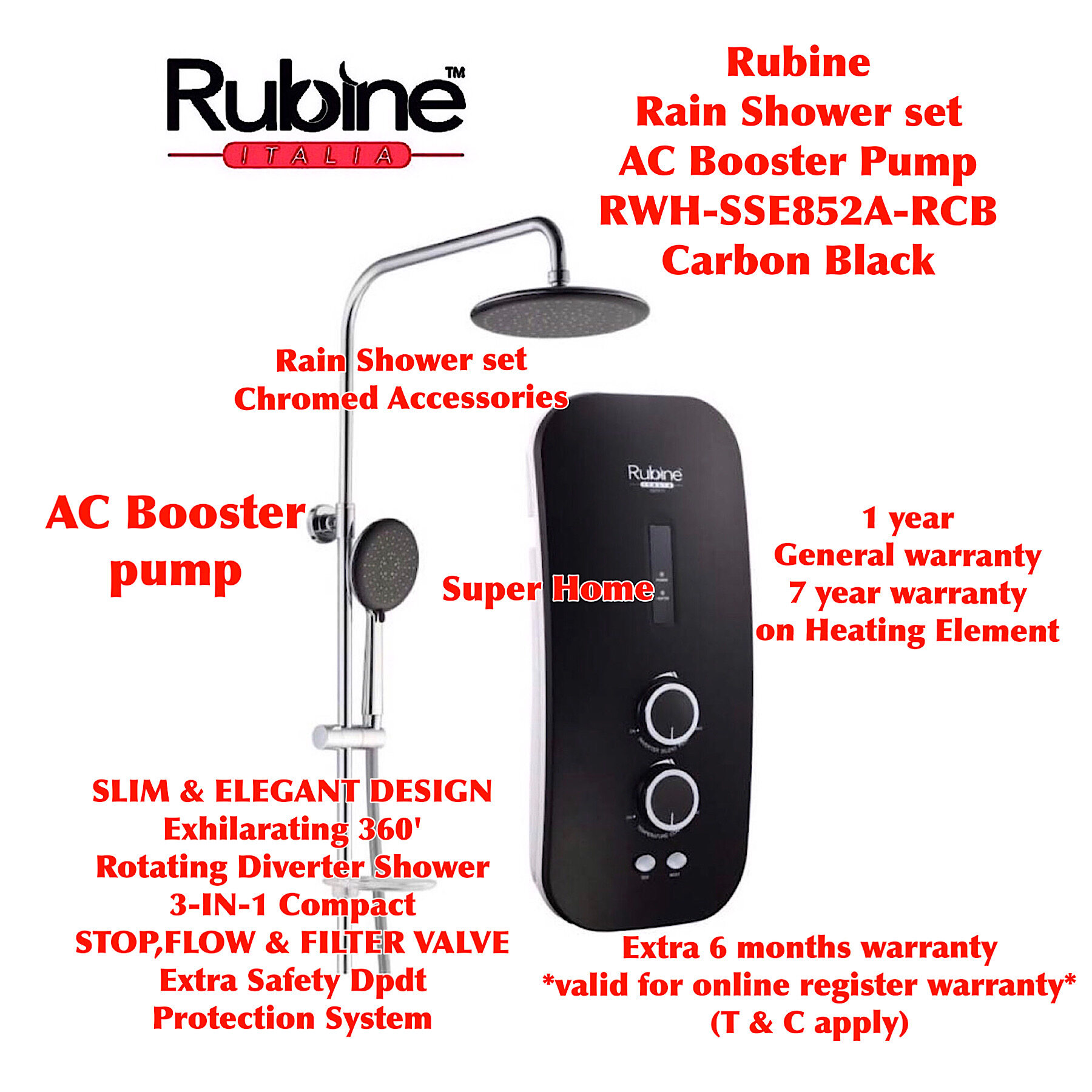 Rubine Rain Shower Water Heater With Ac Booster Pump Rwh Sse852a Rcb Carbon Black Lazada