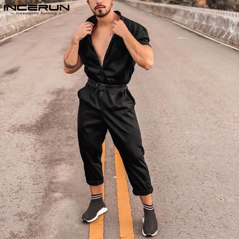 (Phong Cách Phương Tây) INCERUN Áo Liền Quần Ngắn Tay Có Khóa Kéo Cho Nam, Quần Yếm Công Sở Túi Hộp Rộng Thường Ngày