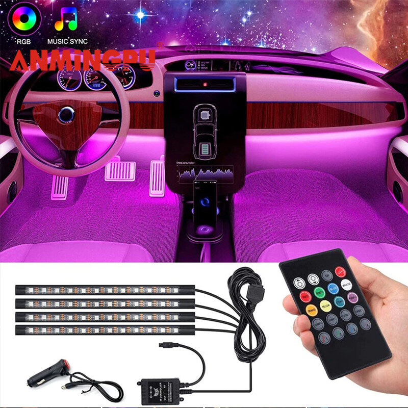 Anmingpu đèn led xung quanh nội thất xe hơi rgb kèm usb điều khiển nhạc ứng dụng từ xa không dây đèn trang trí chiếu sáng nhiều chế độ