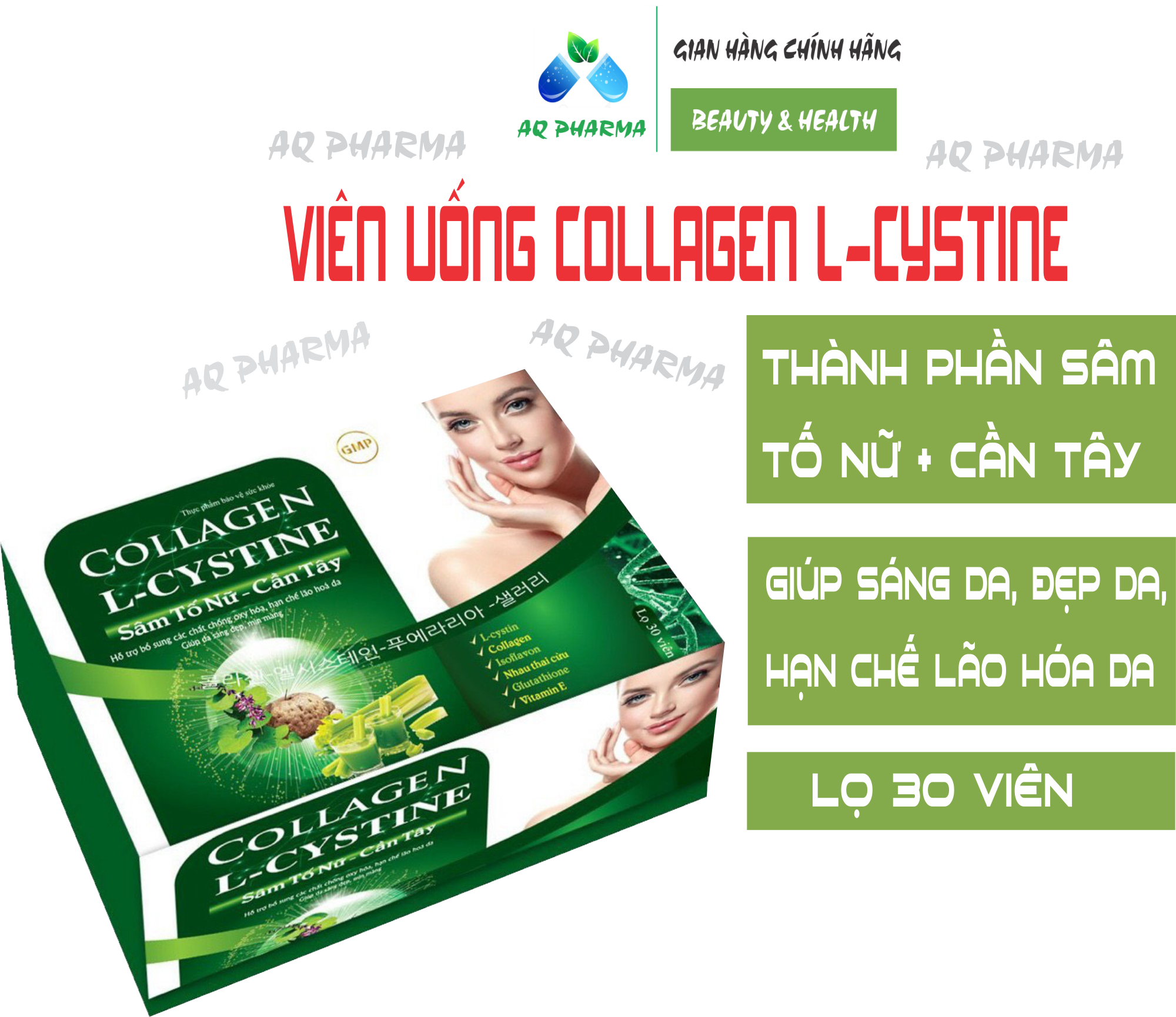 VIÊN UỐNG COLLAGEN -L- CYSTINE SÂM TỐ NỮ - CẦN TÂY- GIÚP DA SÁNG ĐẸP MIN MÀNG  HẠN CHẾ LÃO HÓA - LỌ 