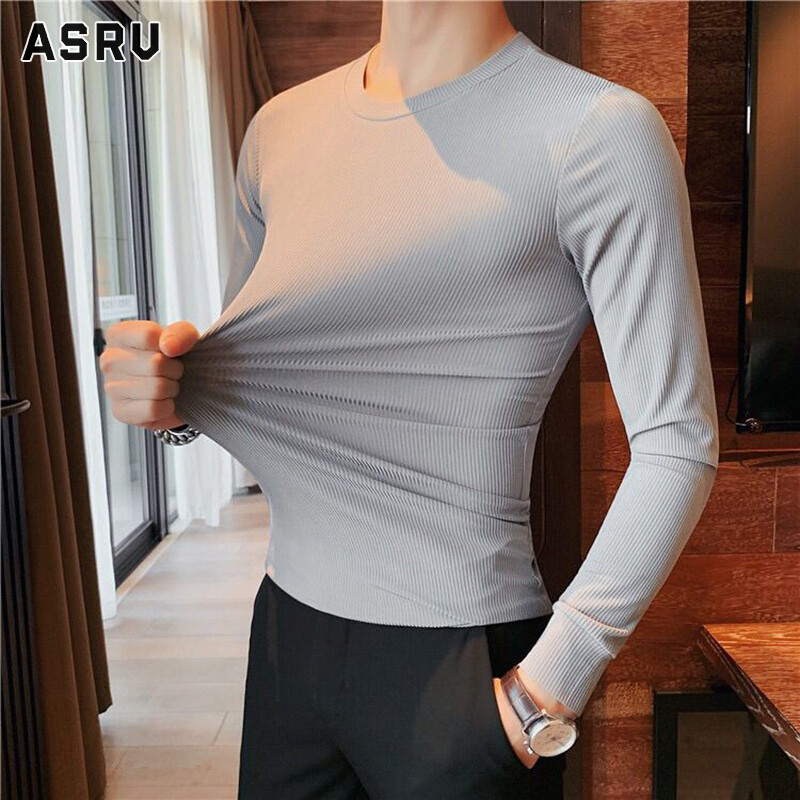 Asrv người đàn ông của cổ tròn áo ôm độ co giãn cao người đàn ông của tops người đàn ông của lụa băng t-shirt tay áo dài màu sắc cổ tròn kẻ sọc cổ tròn dài tay cho nam tay áo dài s
