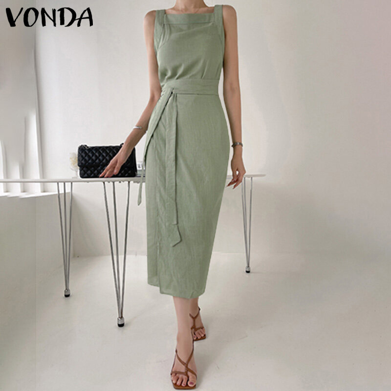 VONDA Womens Elegant Solid Collect Waist Midi Sundress Fashion Office