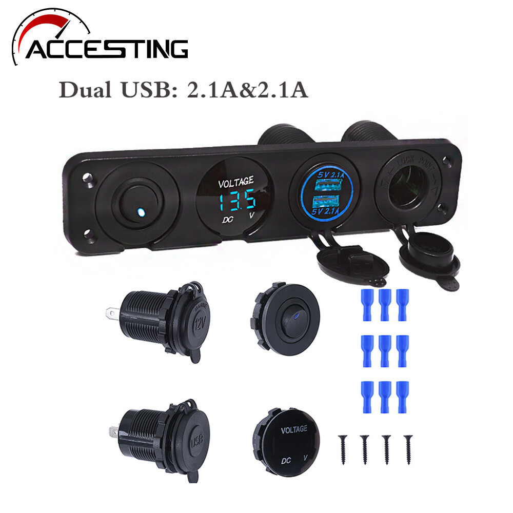 4 gang Bảng điều khiển công tắc cho Xe tàu thủy với Vôn kế kỹ thuật số Cổng USB kép cổng 12V Outlet Đèn Led chống thấm nước Bảng công tắc điều chỉnh Bảng điều khiển công tắc