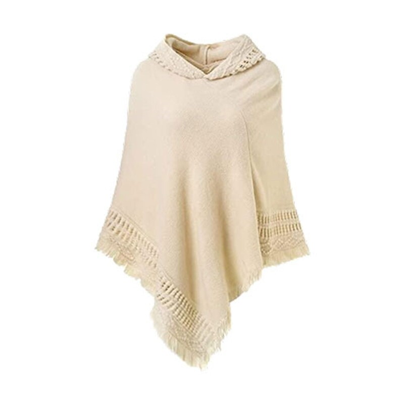 Áo choàng poncho dệt kim có mũ mùa đông cho nữ khăn choàng tua rua đan móc màu trơn áo choàng chui đầu ngoại cỡ áo choàng len