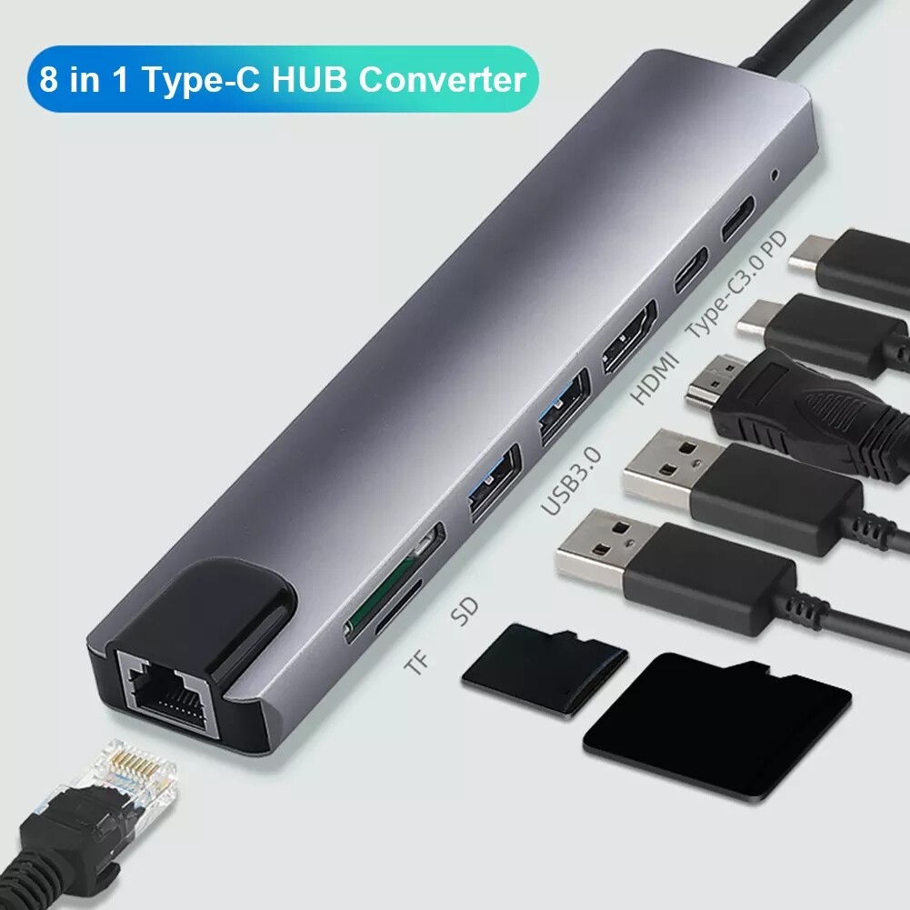 8 Trong 1 Type-C HUB Để HDMI USB3.0 RJ45 10/100/1000M Gigabit LAN PD TF Bộ Nhớ Thẻ Chuyển Đổi Adapter Cho WIN/ MAC OS/Linux