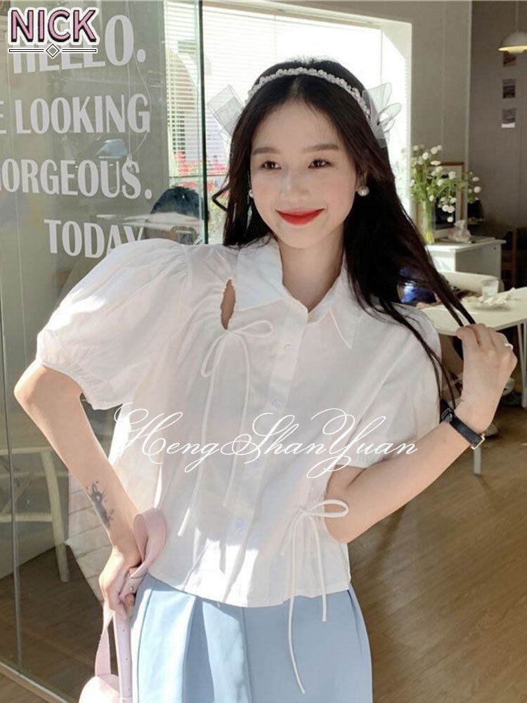 Nick áo sơ mi nữ áo hở eo y2k style áo hở eo ống tay phồng nút thắt nơ thiết kế dây rút áo lửng