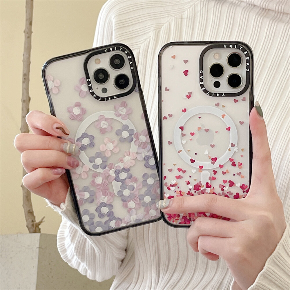 Ốp magsafe little flowers love heart cho iphone 14 13 12 11 pro max 14 plus ốp có nhẫn từ tính ốp lưng chống sốc bảo vệ điện thoại trong suốt cứng hỗ trợ sạc không dây chất lượng cao trong suốt