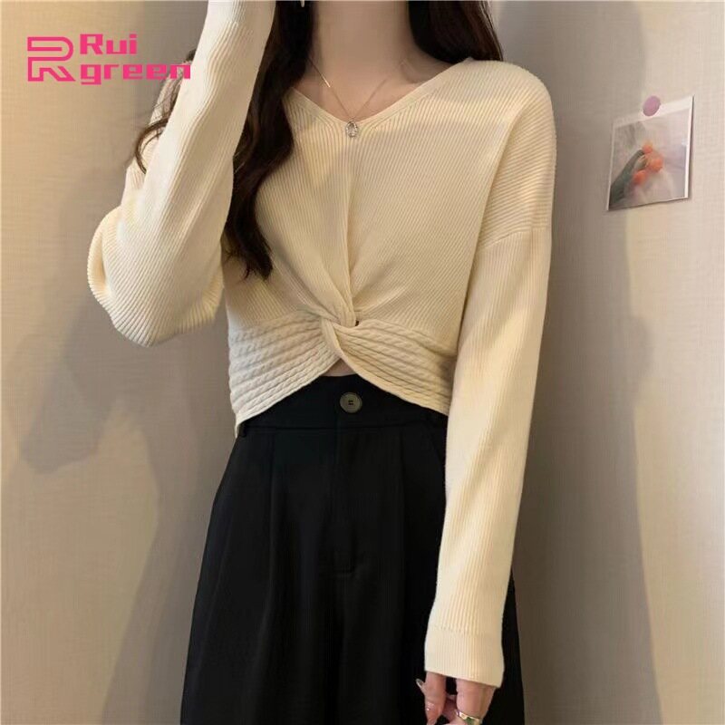 Áo Dệt Kim Dài Tay Cổ Chữ V Hợp Thời Trang Áo Chui Đầu Màu Trơn Thanh Lịch Áo Crop Top Áo Mặc Trong Ôm Sát Màu Sắc: Kaki Kích Cỡ: Một Cỡ