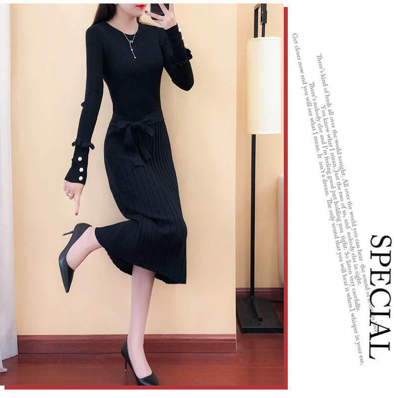 2020 spring new women's long knitted dress long sleeve sweater dress autumn and winter base wool skirt