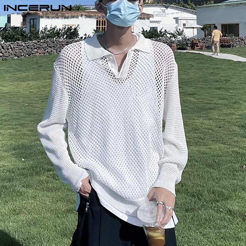 (Phong Cách Hàn Quốc) INCERUN Áo Dệt Kim Dài Tay Khoét Lỗ Cho Nam Áo Len Lưới Xuyên Thấu Áo Chui Đầu Dự Tiệc