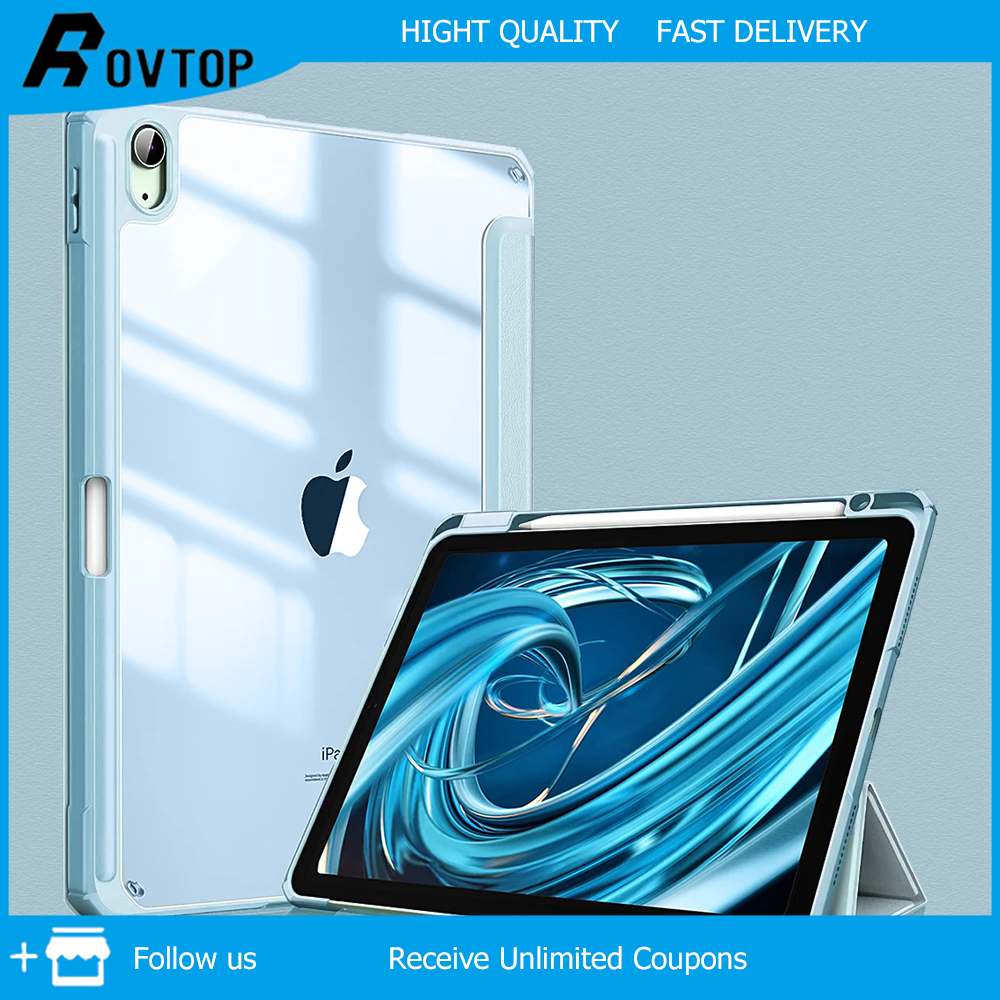 Rovtop Bao Da Lật, Ốp Lưng Trong Suốt, iPad Air 4, Bút Sạc Sử Dụng Cho iPad Air 4 iPad 7 & 8 (2020) Bao Da Sang Trọng Thông Minh Với Giá Đỡ Bút Chì