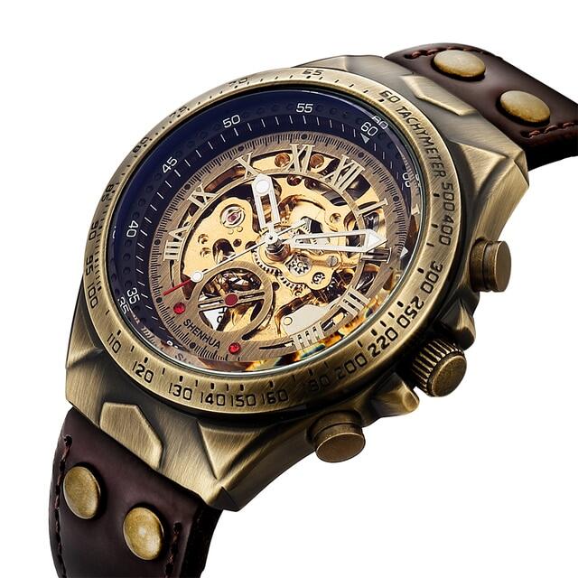⌚đồng hồ cơ tự động lộ máy cho nam đồng hồ đeo tay nam dây da nâu mặt trong suốt phong cách steampunk