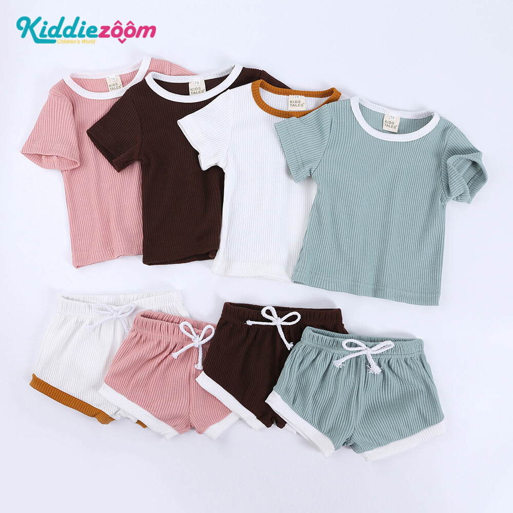 Kiddiezoom bộ quần áo trẻ em 100% cotton áo ngắn tay bé trai và bé gái và quần đùi 2 chiếc 0-4 tuổi