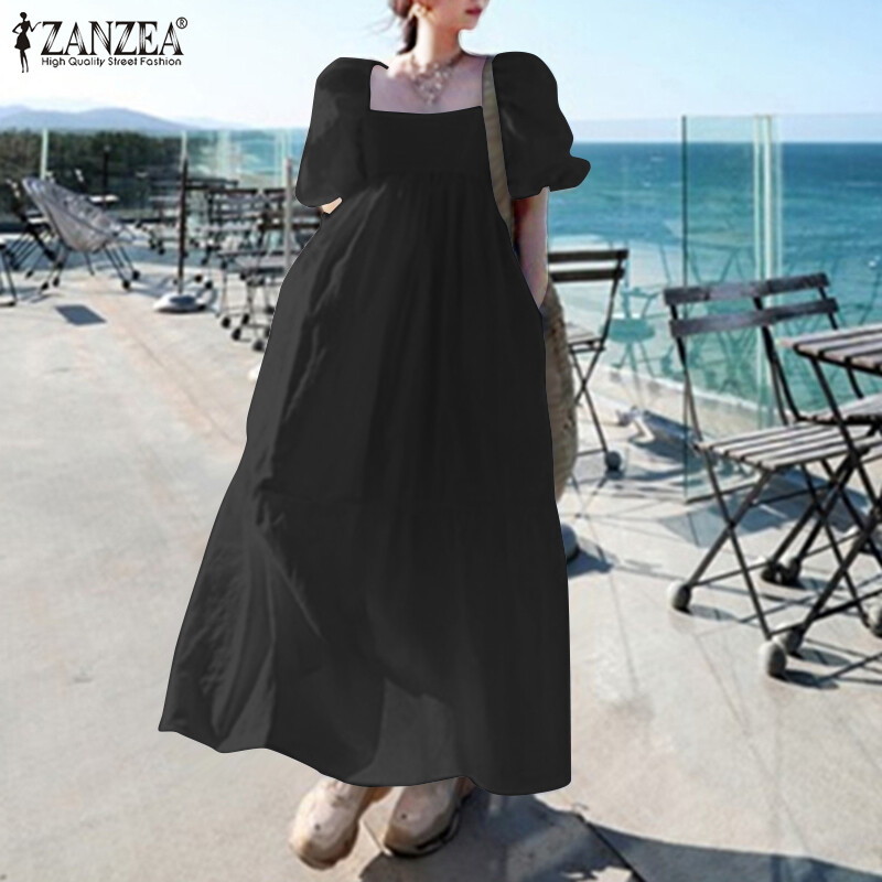 Zanzea đầm xòe nữ tay phồng cổ vuông đầm maxi dáng chữ a dáng suông dài