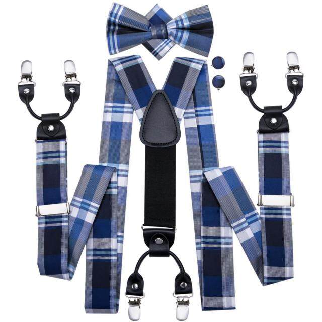 Hi-Tie สายเอี๊ยมแฟชั่นลายสก็อตสำหรับผู้ชาย,ชุดแฟชั่นผู้ชายแบบมี6คลิปกระเป๋าหูกระต่ายแบบผูกสำเร็จรูปปรับสายได้สีฟ้า