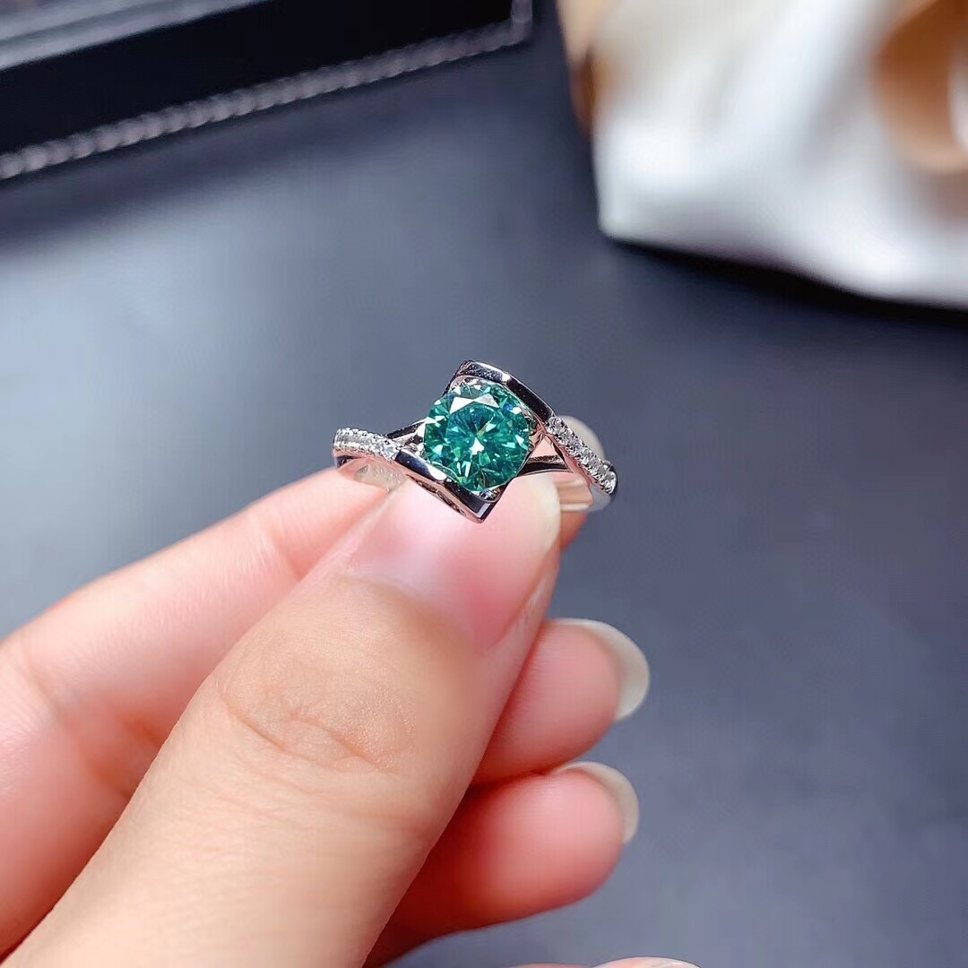 Nhẫn đá quý moissanite màu xanh lá cây cho nữ trang sức nhẫn đính hôn, chạm khắc trái tim bằng bạc thật 925 cho đám cưới quà sinh nhật