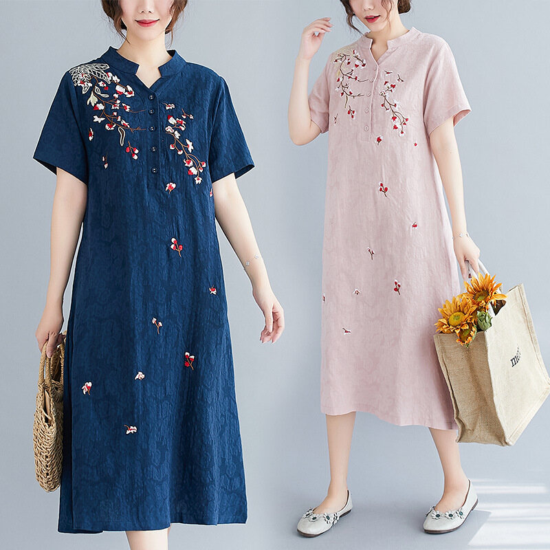 2023 ngắn tay mùa hè mới văn chương thêu rộng vải lanh và cotton cổ chữ v đầm dài