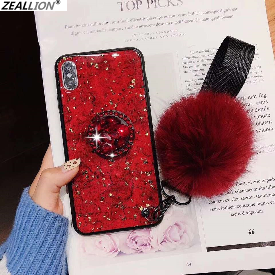 Zeallion Cho [Apple iPhone 5 6 6S 7 8 Plus X XR XS 11 12 Mini Pro Max] Ốp Điện Thoại Đá Cẩm Thạch Lấp Lánh Màu Vàng Kim Lá Thời Trang Giá Treo Nhẫn Pha Lê Và Dây Buộc Quả Cầu Lông
