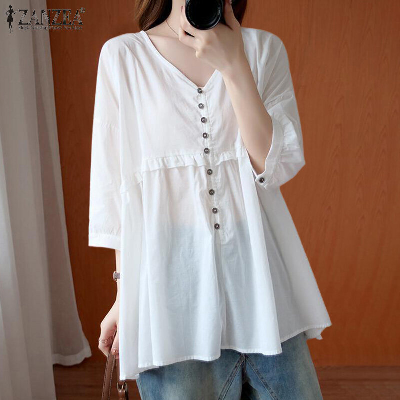 (Khuyến mãi thanh toán) Fancystyle ZANZEA Áo sơ mi trơn 3/4 tay đơn giản đi chơi cho nữ áo cánh xếp diềm cổ chữ V dáng rộng thường ngày #8