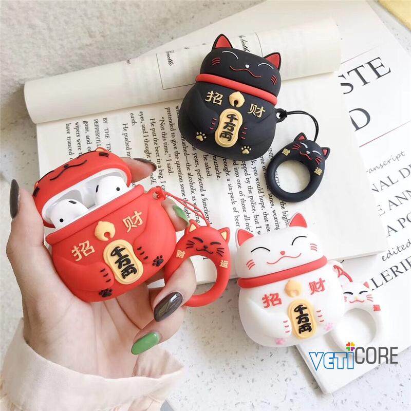 Tai Nghe Mèo Cầu Tài 3D Nhật Bản Cho Apple Airpod/Airpods2 2 Vỏ Silicon Tai Nghe Bao Đựng Air Pods Phụ Kiện Bảo Vệ AirPod Đen Đỏ Trắng