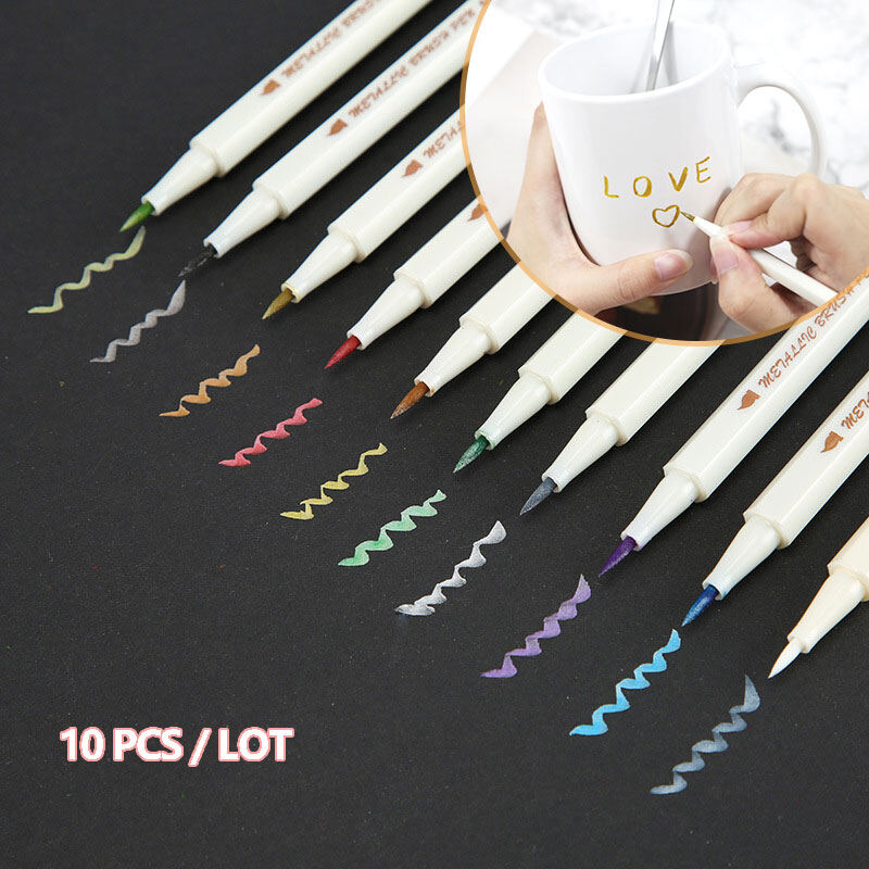10 Chiếc Bút Đánh Dấu Màu Kim Loại, Bút Vẽ Sổ Lưu Niệm Thư Pháp Cọ Mềm