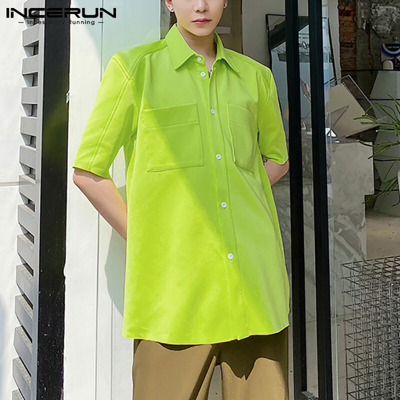 (Phong Cách Hàn Quốc) INCERUN Áo Sơ Mi Nam Túi Hộp Áo Cánh Dáng Rộng Có Cổ Tay Ngắn Kỳ Nghỉ Beachwear Áo Phông
