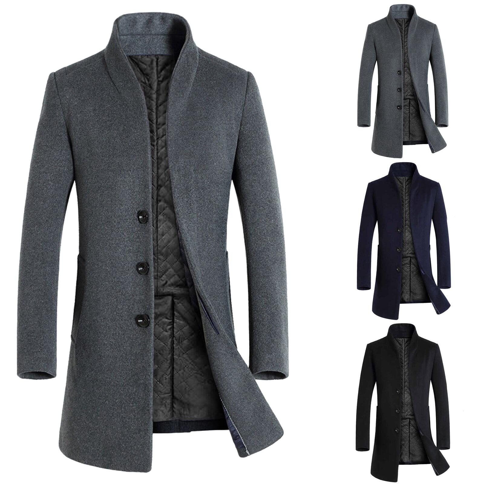Áo Khoác Nam Mùa Đông Áo Khoác Một Hàng Khuy Áo Khoác Trench Coat Màu Trơn Thời Trang Áo Khoác Ngoài Pha Len Dài Tay Áo Gió 2021