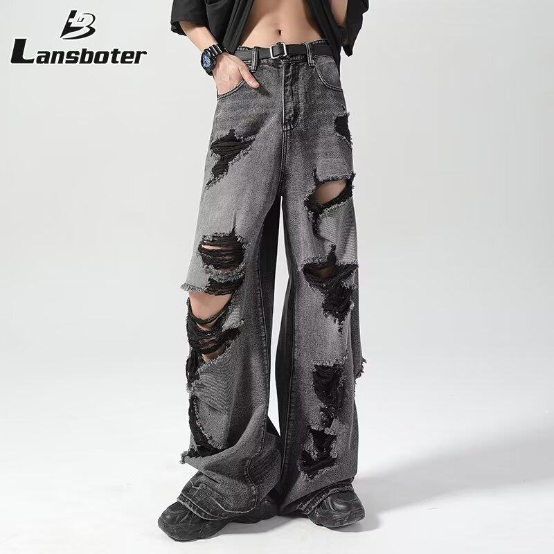 Lansboter Hip hop đẹp trai đàn ông và phụ nữ cùng một quần phong cách high Street ripped beggar quần denim Quần jean ống đứng dáng rộng