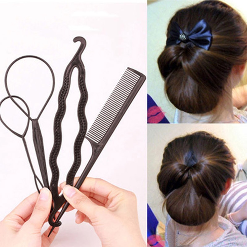 4 Cái/bộ Dụng Cụ Tạo Kiểu Tóc Tự Làm, Dây Buộc Tóc Đuôi Ngựa Màu Đen Cho Nữ Tóc Bện Phụ Kiện Bun Maker