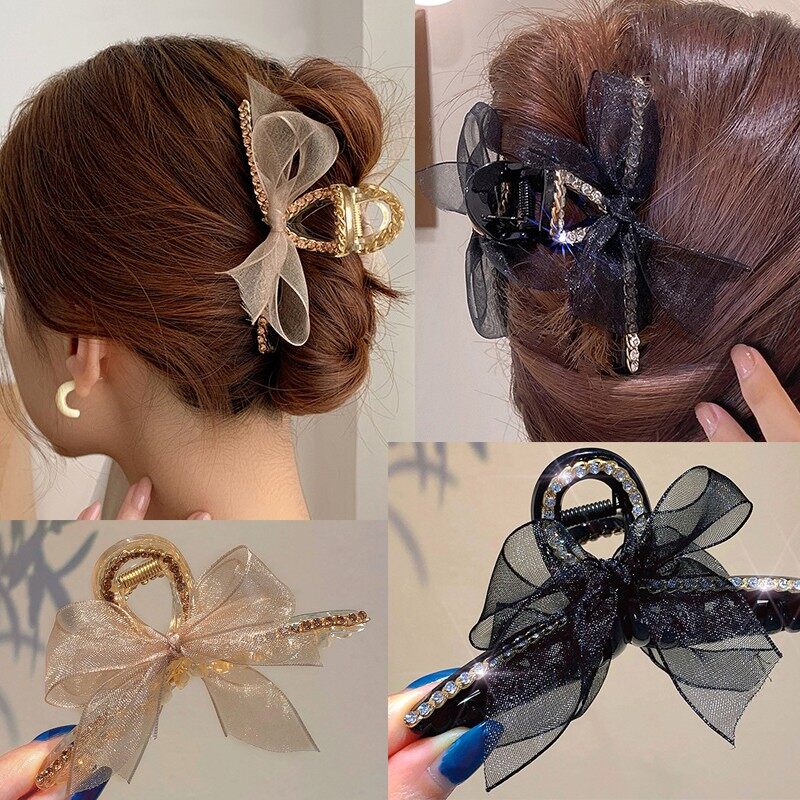 Phong cách Hàn Quốc Phụ nữ Ribbon kẹp tóc ren lưới Bow kẹp tóc Rhinestone nơ kẹp tóc Ribbon Kẹp tóc càng cua Clip thời trang tóc nữ Phụ Kiện