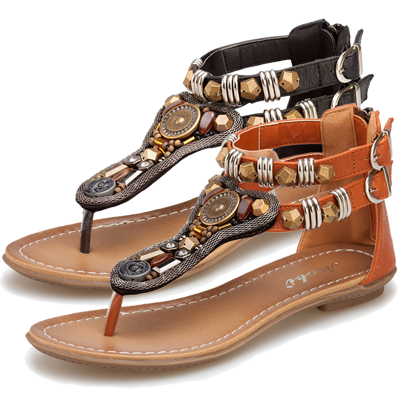 Xăng Đan Thời Trang Xăng Đan Rô-ma Mềm Đế Bằng Pin Gót Thấp Chống Trượt Đính Cườm Giày Nữ