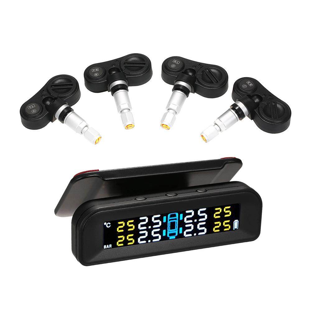 แรงดันยาง TMPS เครื่องวัดความดันลมยาง Wireless Real - time พลังงานแสงอาทิตย์หน้าจอ LCD ใส 4 เซ็นเซอร์ภายในฟังก์ชั่นปลุก