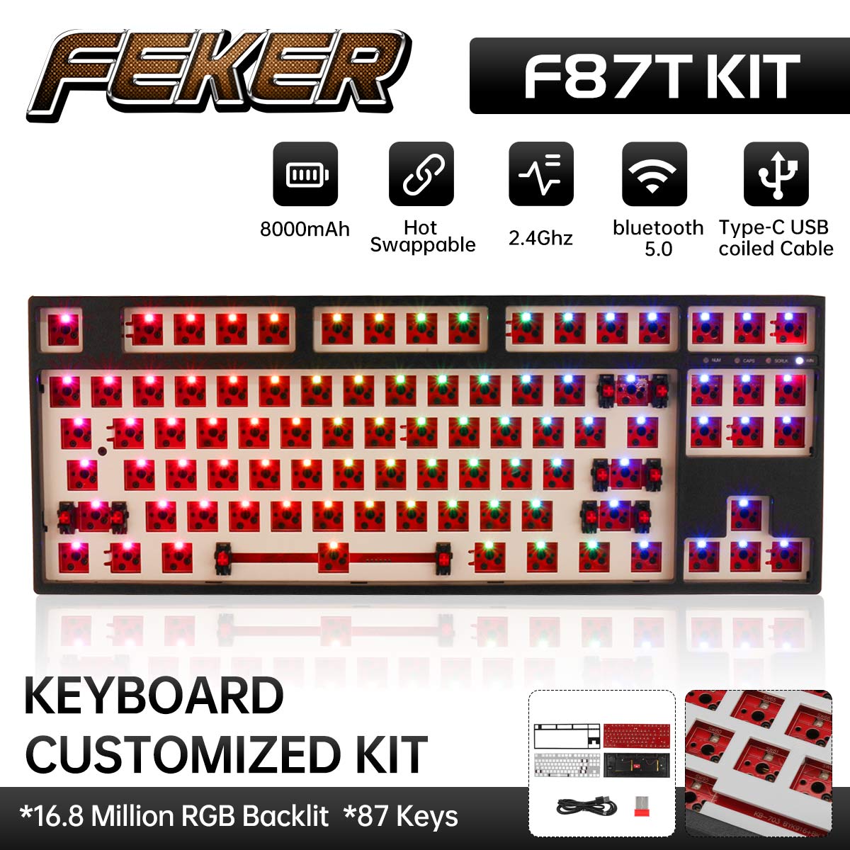 Fk87 feker bàn phím cơ chế độ chuyến đi bộ dụng cụ tự làm bàn phím nkro chống ma có đèn nền rgb 5.0 2.4g bluetooth có dây usb bộ dụng cụ tùy chỉnh