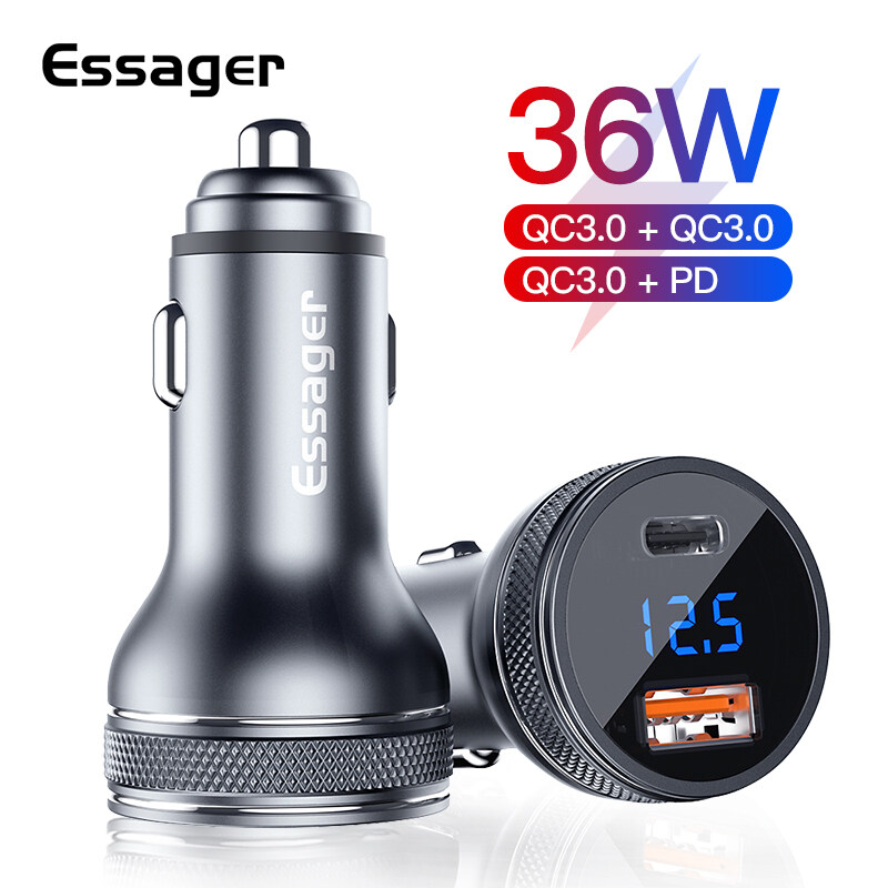 Essager Sạc nhanh mini trên ô tô 36W USB Sạc Nhanh 3.0 Tương thích với iPhone Huawei Type C PD 3.0