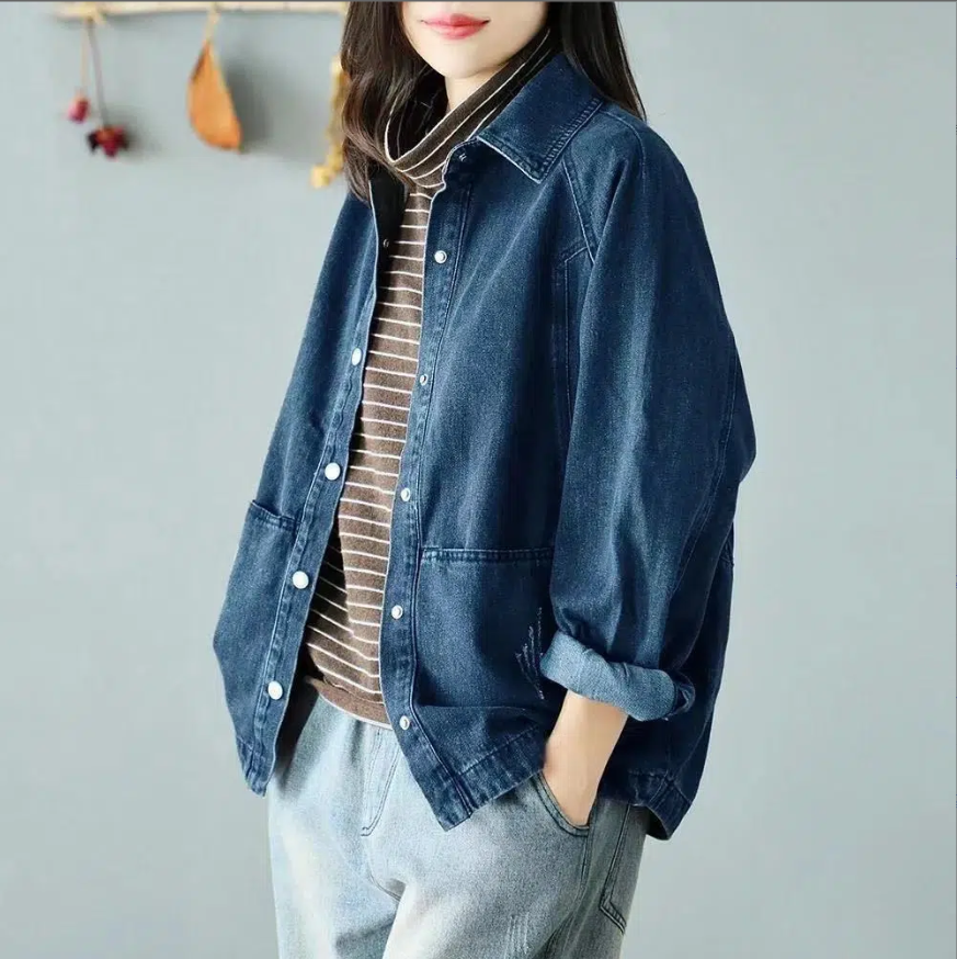 Cottondesign màu xanh dương đậm Áo khoác Denim retro phụ nữ Hàn Quốc bạn trai Áo khoác ngoại cỡ lỏng thường ngày Áo khoác denim jean áo ngoại cỡ 3bt0498