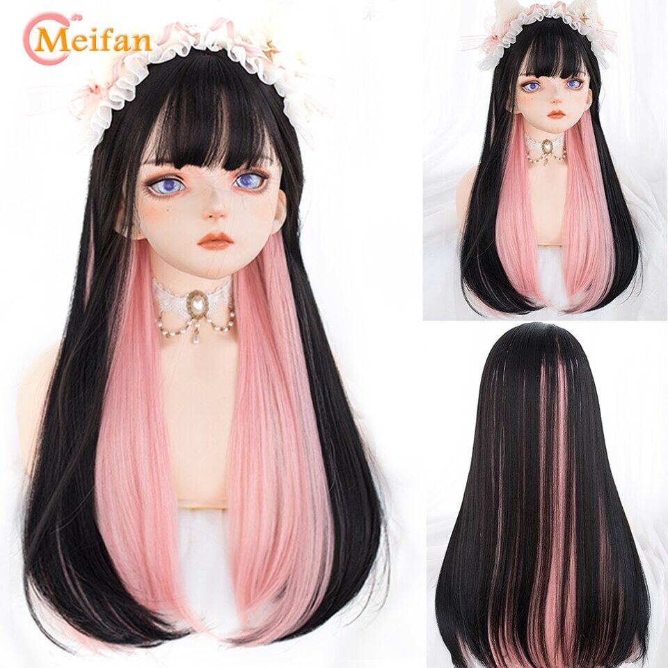 Synthetic Lolita Cosplay Party Long Wig With Bangs High Temperature Fiber Long Straight Natural Fake Wig Cute Blonde Wig