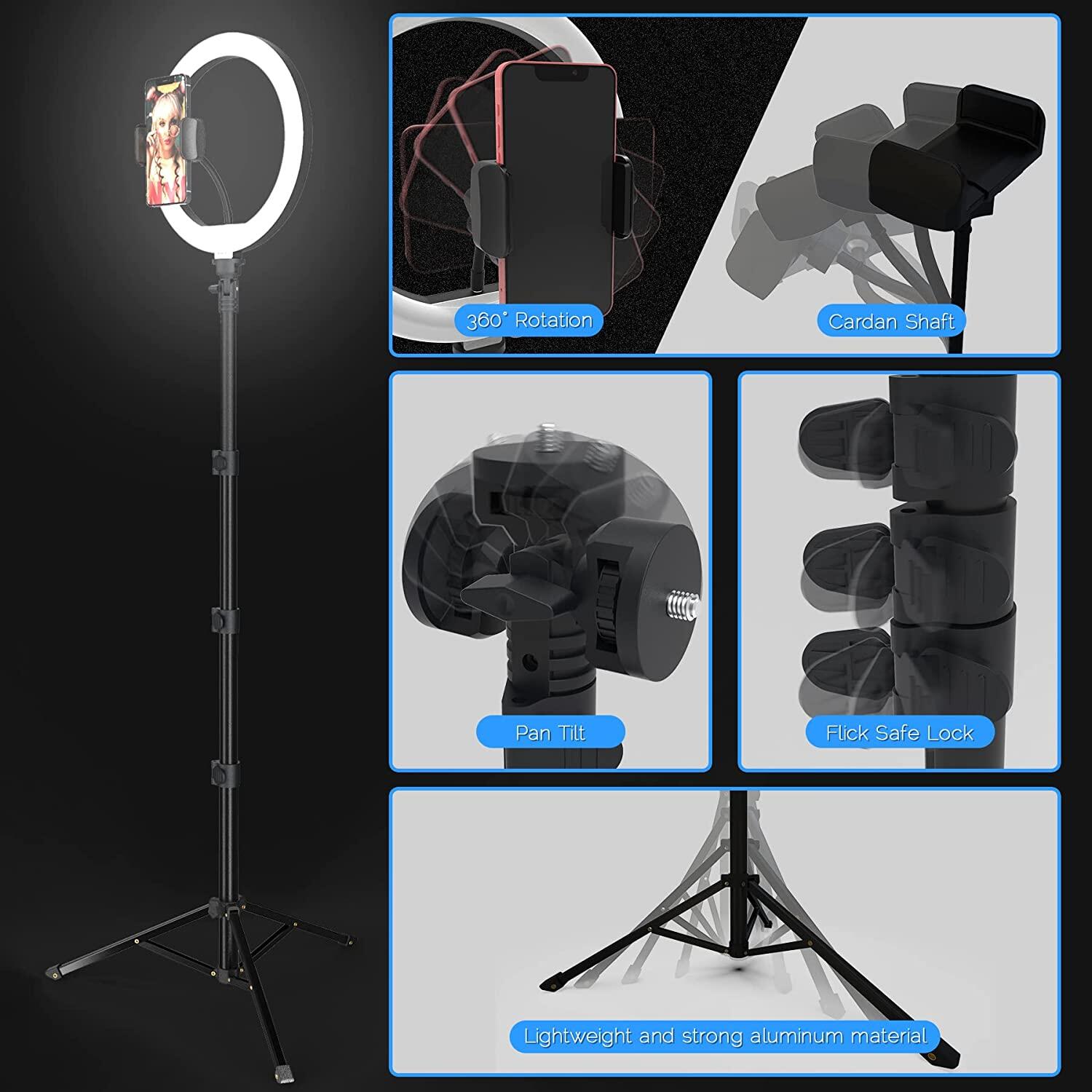 Đèn vòng tròn Selfie 26cm với chân đế chân máy có thể mở rộng 50 ''và giá để điện thoại hoàn hảo cho máy ảnh, video trang điểm, phát trực tiếp/Youtube