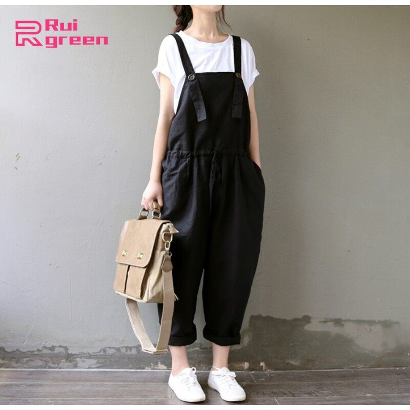 Quần Yếm Vải Lanh Cotton Cho Nữ Quần Harem Thường Ngày Thời Trang Áo Liền Quần Rộng Cỡ Lớn Màu Trơn Đơn Giản Màu Sắc: Đen Cỡ: M