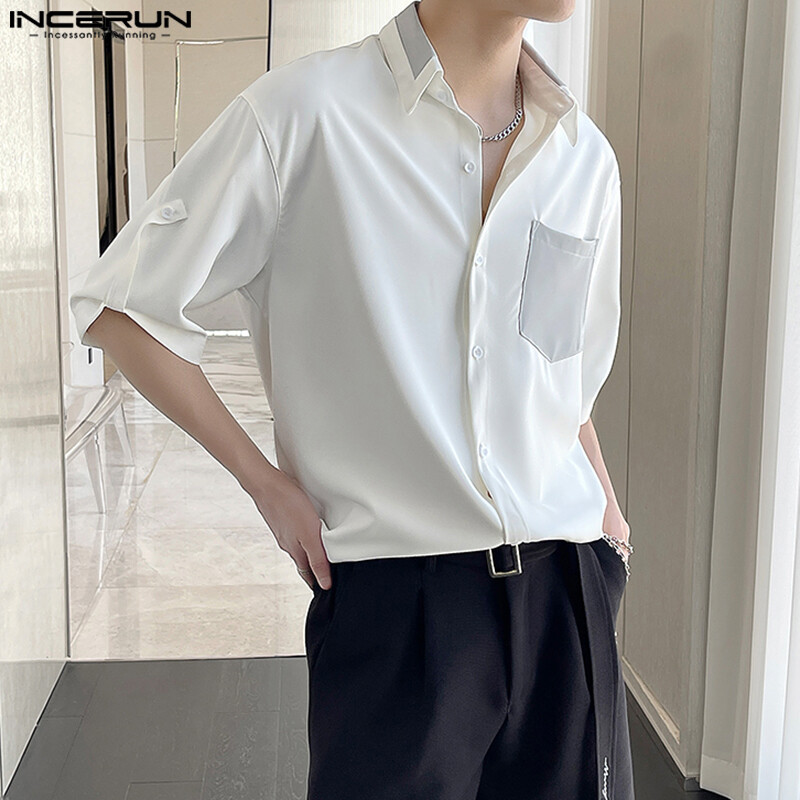 Incerun áo sơ mi túi hộp thường ngày tay ngắn cho nam áo sơ mi dáng rộng cài cúc áo phông