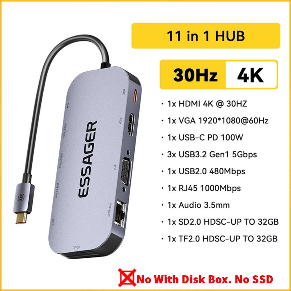 Essager 8-Trong-1 hub USB với Đĩa Chức Năng Lưu Trữ loại USB C Để Hdmi-Tương Thích Máy Tính Xách Tay
