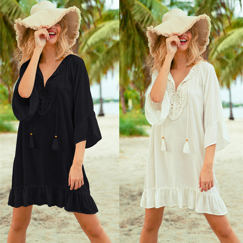 Bikini màu trắng áo choàng đi biển xếp ly ngoại cỡ áo dài chắp vá ren áo kaftan đồ đi biển tua rua màu đen áo khoác