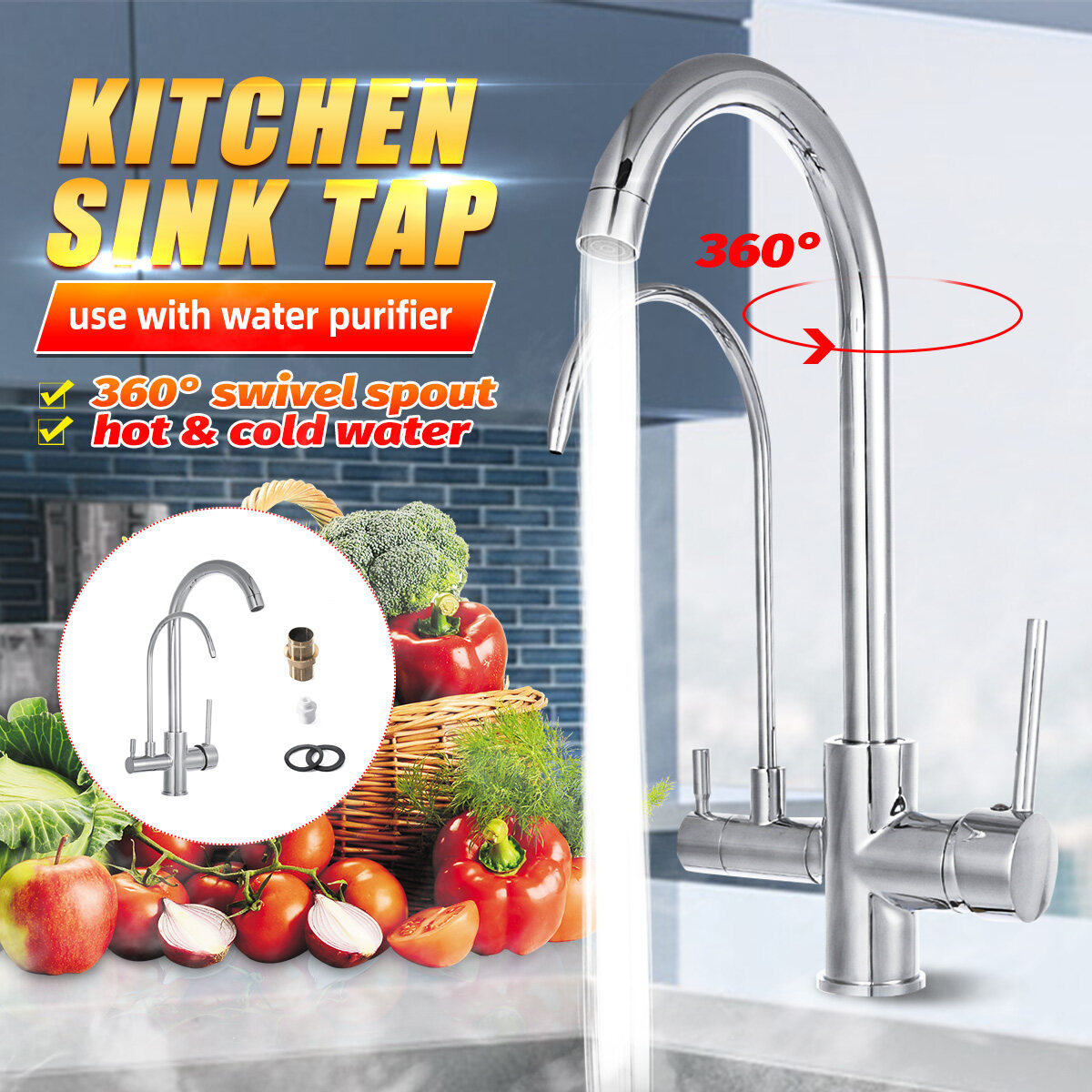 Generic 3 In 1 Water Faucet Kitchen Sink Tap Double Hole Wash Basin